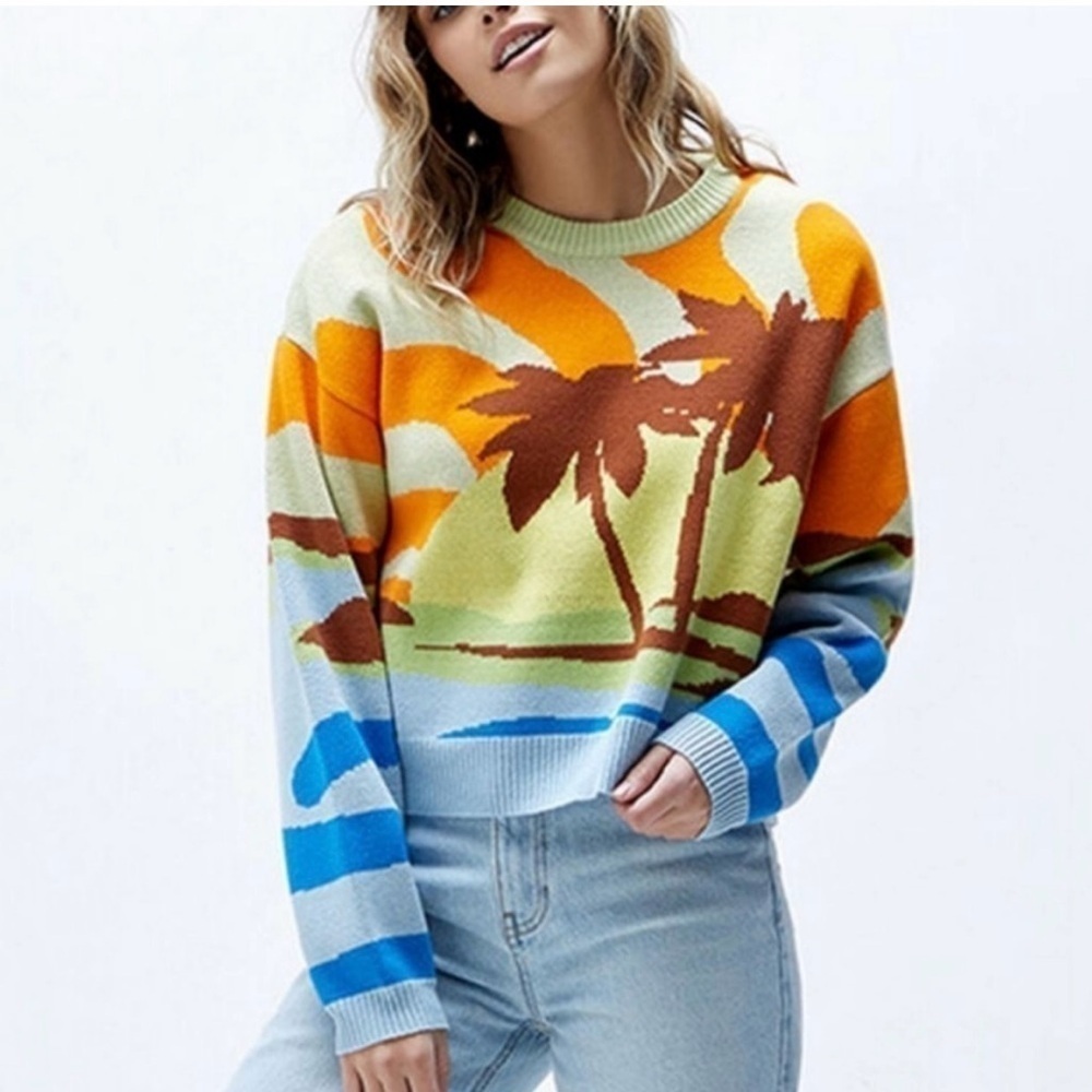 PacSun Tropical Sunset Multicolor Allover Graphic Crewneck Crop Sweater-… - Picture 5 of 16